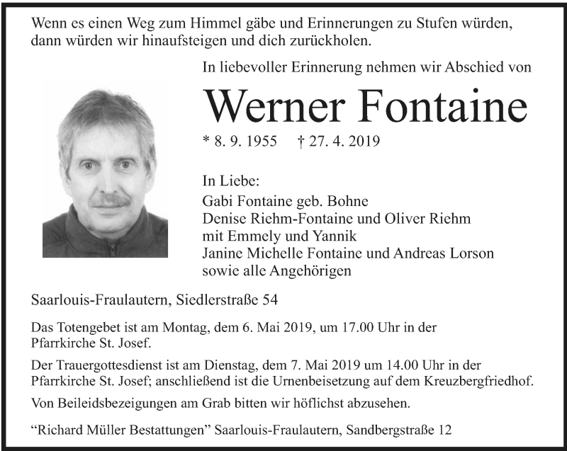  Traueranzeige für Werner Fontaine vom 04.05.2019 aus saarbruecker_zeitung