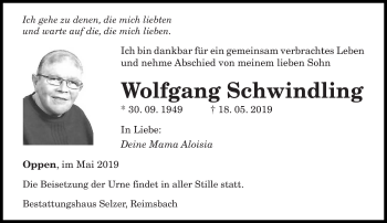 Traueranzeige von Wolfgang Schwindling von saarbruecker_zeitung