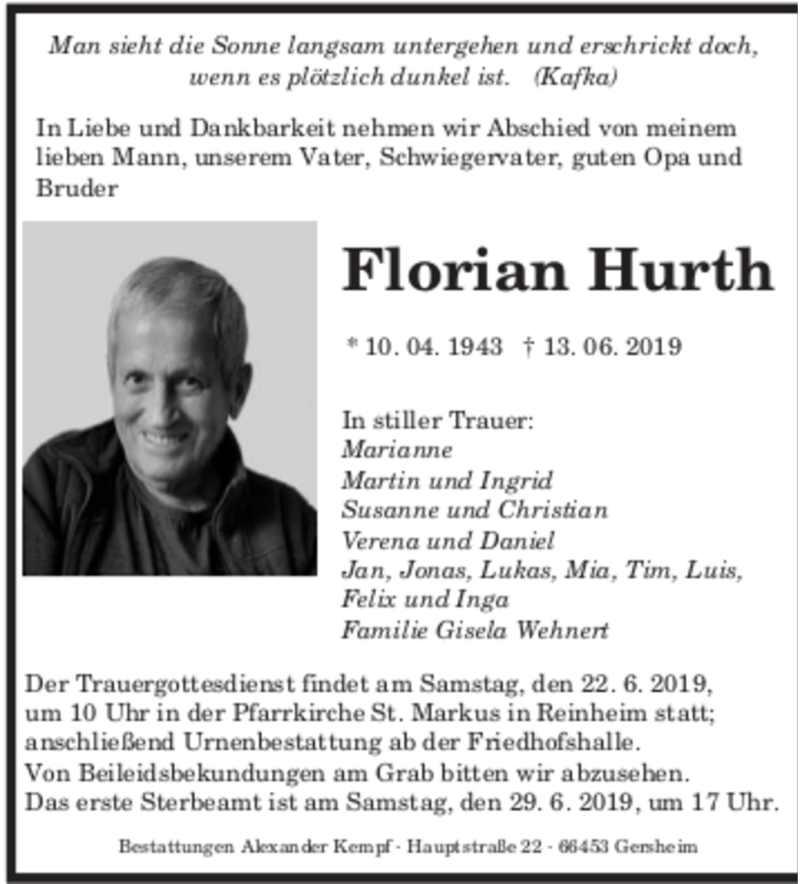  Traueranzeige für Florian Hurth vom 19.06.2019 aus  SAARBRUECKER_ZEITUNG