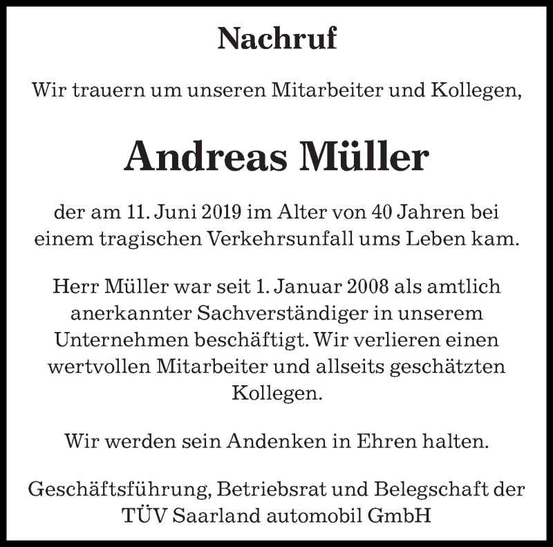  Traueranzeige für Andreas Müller vom 22.06.2019 aus saarbruecker_zeitung