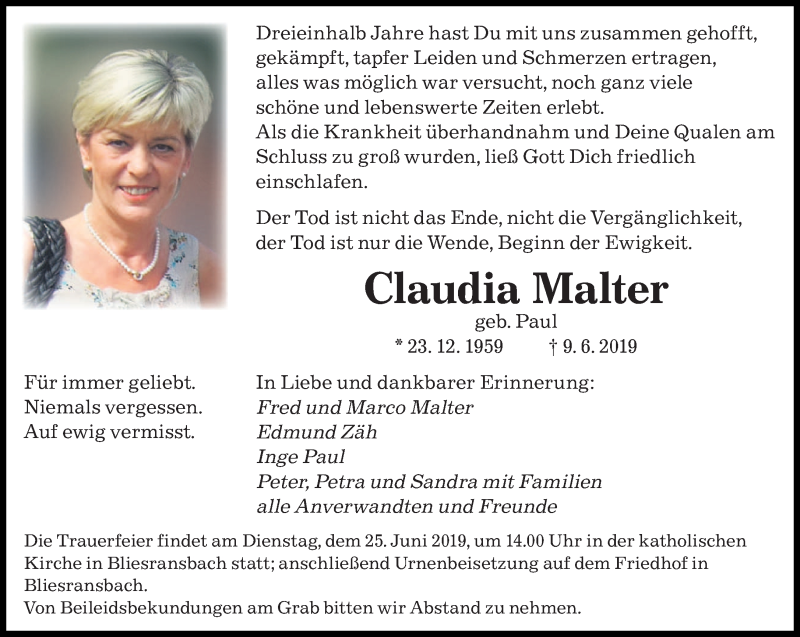  Traueranzeige für Claudia Malter vom 19.06.2019 aus saarbruecker_zeitung