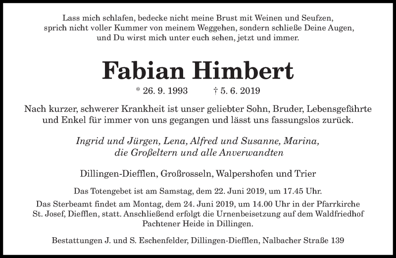  Traueranzeige für Fabian Himbert vom 15.06.2019 aus saarbruecker_zeitung