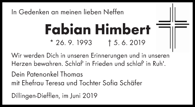  Traueranzeige für Fabian Himbert vom 19.06.2019 aus saarbruecker_zeitung