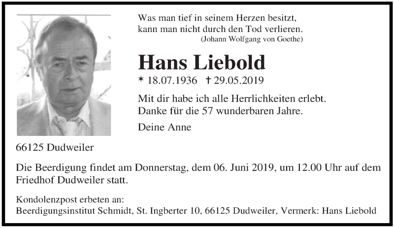  Traueranzeige für Hans Liebold vom 01.06.2019 aus saarbruecker_zeitung