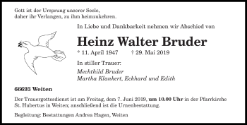 Traueranzeige von Heinz Walter Bruder von saarbruecker_zeitung