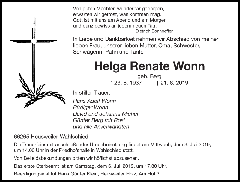  Traueranzeige für Helga Renate Wonn vom 29.06.2019 aus saarbruecker_zeitung