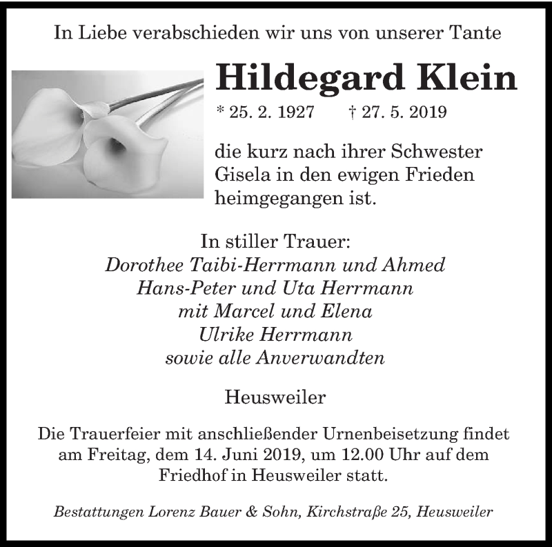  Traueranzeige für Hildegard Klein vom 01.06.2019 aus saarbruecker_zeitung