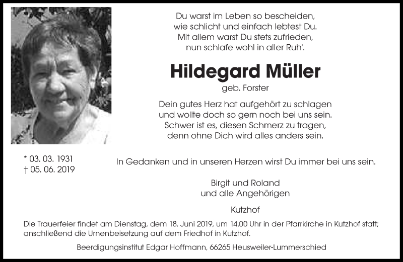  Traueranzeige für Hildegard Müller vom 15.06.2019 aus saarbruecker_zeitung