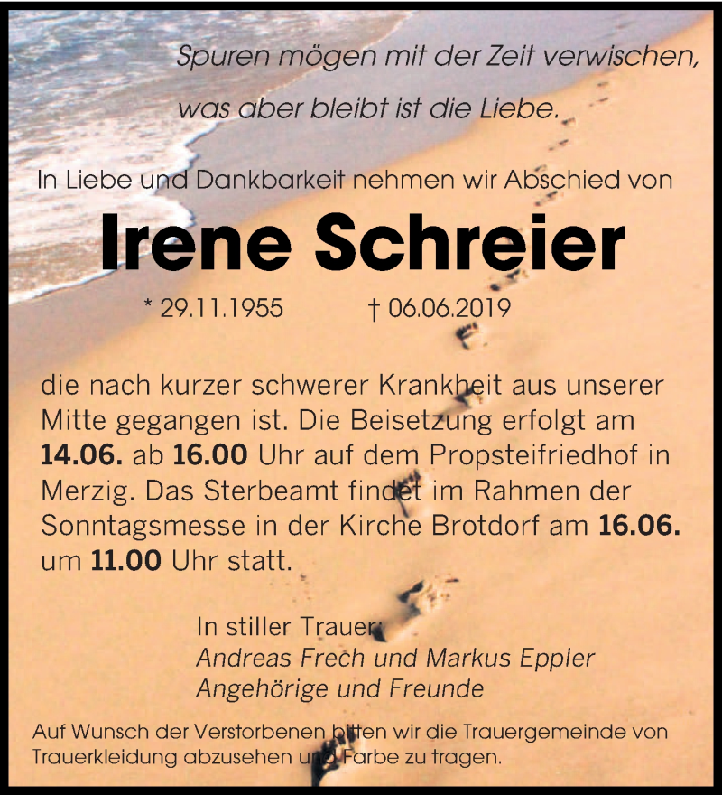  Traueranzeige für Irene Schreier vom 12.06.2019 aus saarbruecker_zeitung