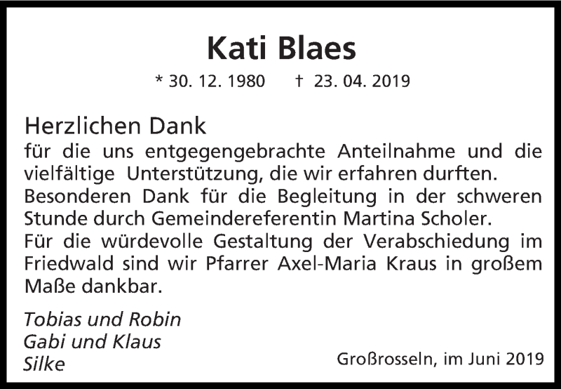  Traueranzeige für Kati Blaes vom 22.06.2019 aus saarbruecker_zeitung
