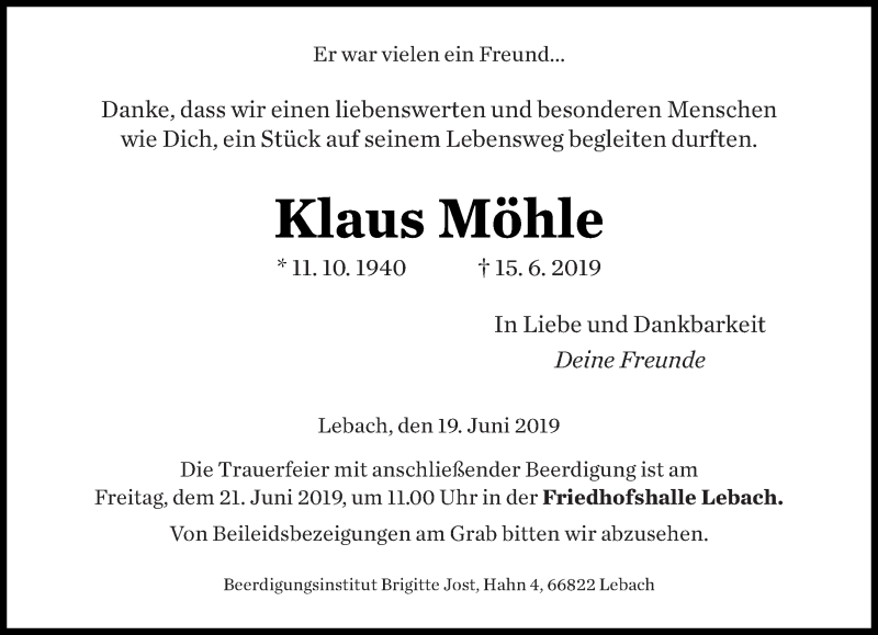  Traueranzeige für Klaus Möhle vom 19.06.2019 aus saarbruecker_zeitung