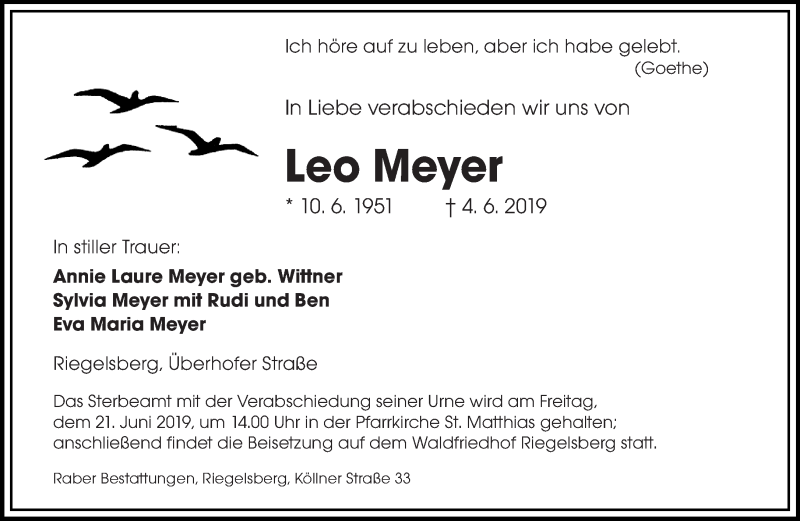  Traueranzeige für Leo Meyer vom 15.06.2019 aus saarbruecker_zeitung