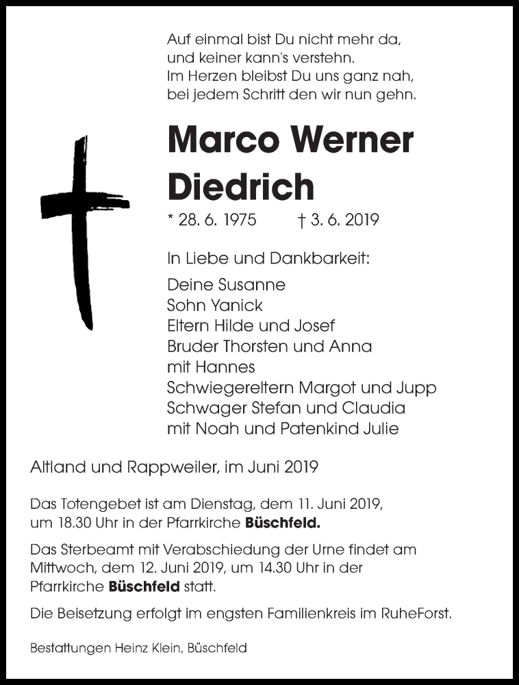  Traueranzeige für Marco Werner Diedrich vom 08.06.2019 aus saarbruecker_zeitung