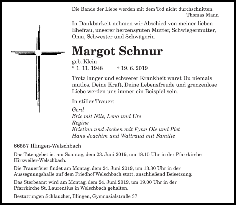  Traueranzeige für Margot Schnur vom 22.06.2019 aus saarbruecker_zeitung
