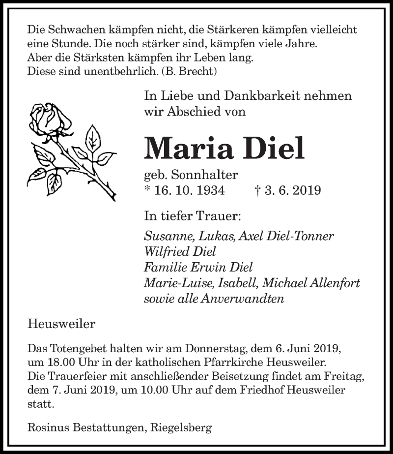  Traueranzeige für Maria Diel vom 05.06.2019 aus saarbruecker_zeitung