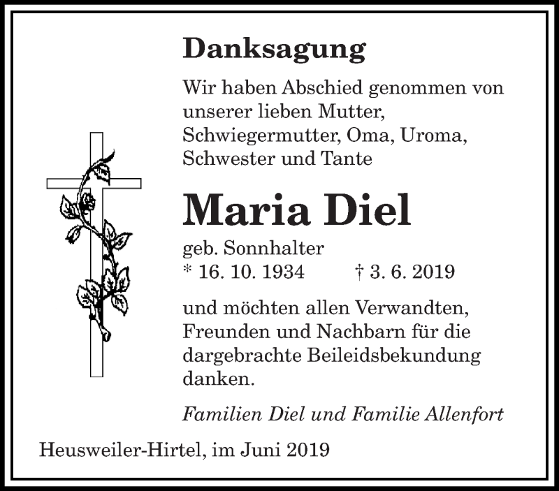  Traueranzeige für Maria Diel vom 25.06.2019 aus saarbruecker_zeitung