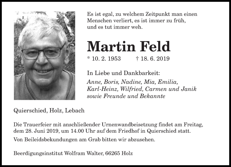  Traueranzeige für Martin Feld vom 25.06.2019 aus saarbruecker_zeitung