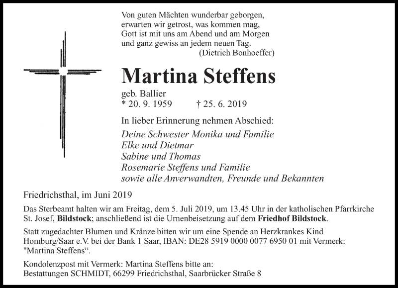  Traueranzeige für Martina Steffens vom 29.06.2019 aus saarbruecker_zeitung