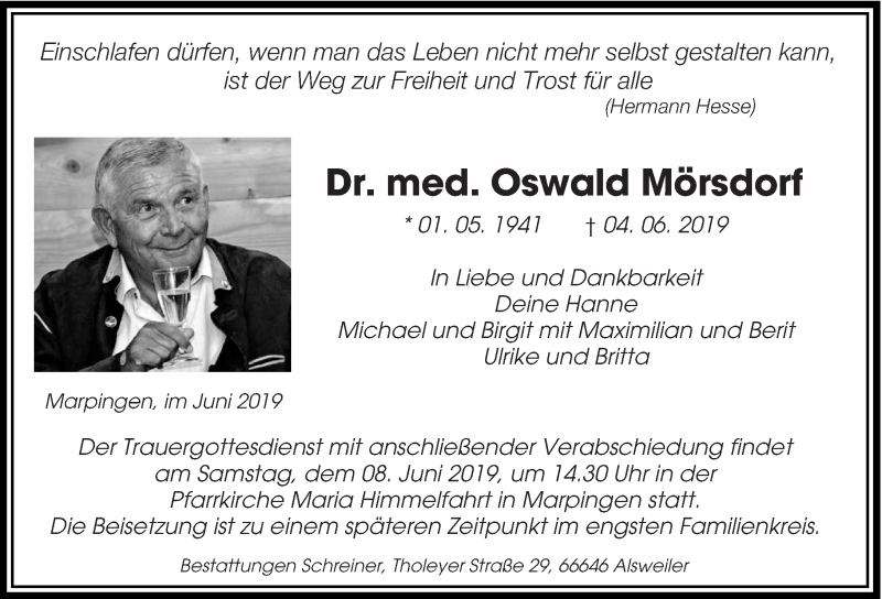  Traueranzeige für Oswald Mörsdorf vom 07.06.2019 aus saarbruecker_zeitung