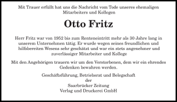 Traueranzeige von Otto Fritz von saarbruecker_zeitung