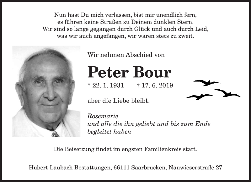  Traueranzeige für Peter Bour vom 29.06.2019 aus saarbruecker_zeitung