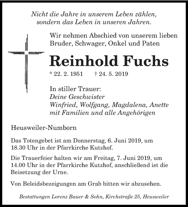  Traueranzeige für Reinhold Fuchs vom 01.06.2019 aus saarbruecker_zeitung