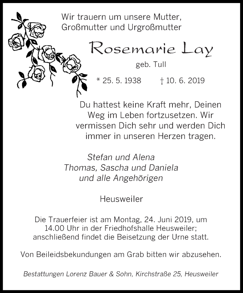  Traueranzeige für Rosemarie Lay vom 15.06.2019 aus saarbruecker_zeitung