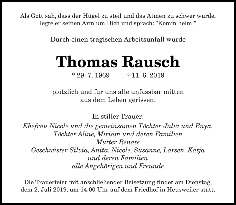  Traueranzeige für Thomas Rausch vom 29.06.2019 aus saarbruecker_zeitung