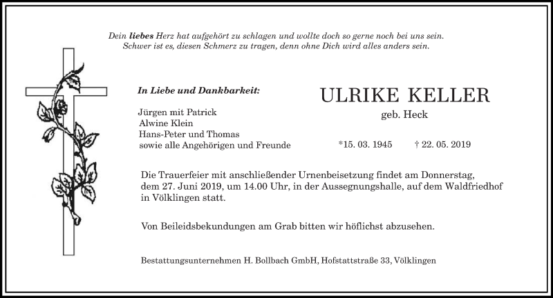  Traueranzeige für Ulrike Keller vom 22.06.2019 aus saarbruecker_zeitung
