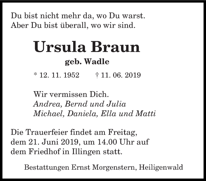  Traueranzeige für Ursula Braun vom 18.06.2019 aus saarbruecker_zeitung