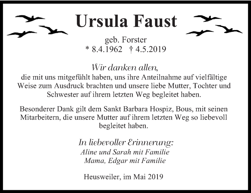  Traueranzeige für Ursula Faust vom 01.06.2019 aus saarbruecker_zeitung