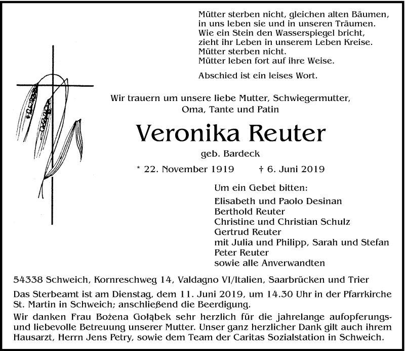  Traueranzeige für Veronika Reuter vom 08.06.2019 aus saarbruecker_zeitung