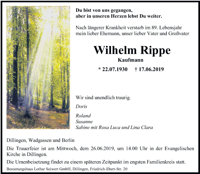  Traueranzeige für Wilhelm Rippe vom 22.06.2019 aus saarbruecker_zeitung