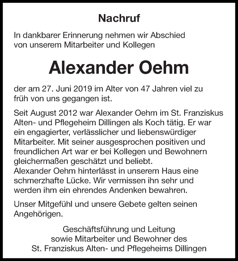  Traueranzeige für Alexander Oehm vom 06.07.2019 aus saarbruecker_zeitung