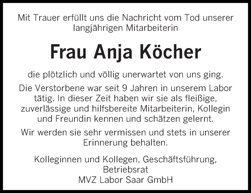  Traueranzeige für Anja Köcher vom 04.07.2019 aus saarbruecker_zeitung