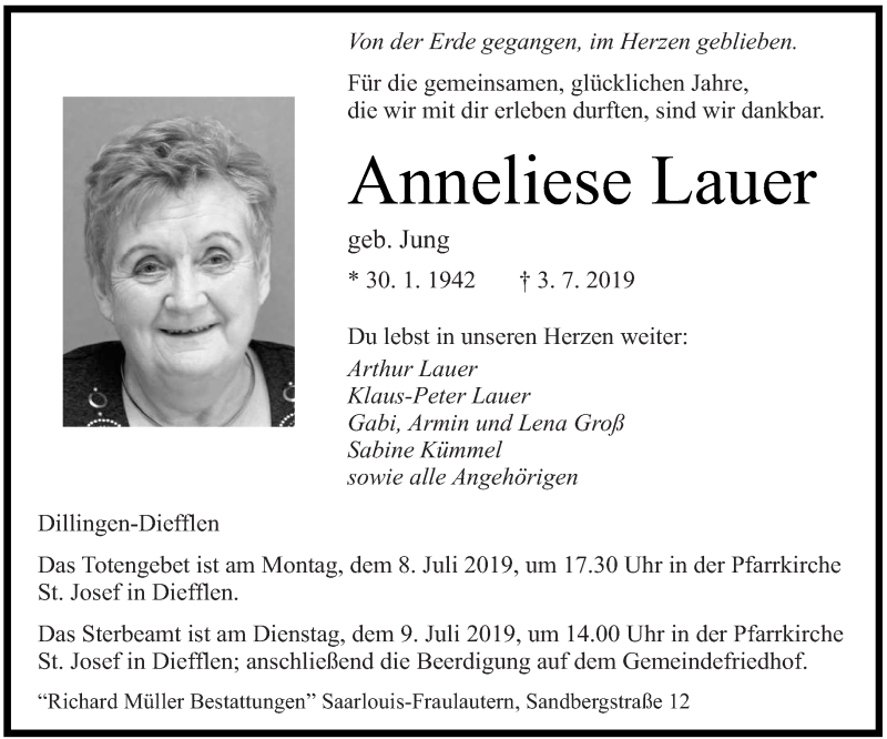  Traueranzeige für Anneliese Lauer vom 06.07.2019 aus saarbruecker_zeitung