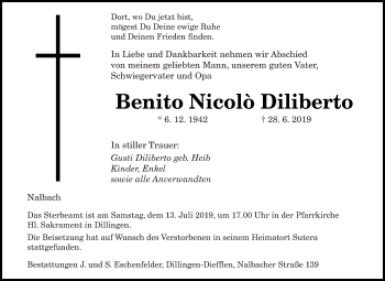 Traueranzeige von Benito Nicolò Diliberto von saarbruecker_zeitung