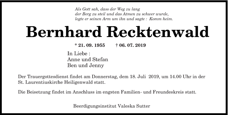  Traueranzeige für Bernhard Recktenwald vom 13.07.2019 aus saarbruecker_zeitung