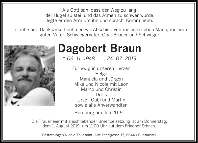  Traueranzeige für Dagobert Braun vom 27.07.2019 aus saarbruecker_zeitung