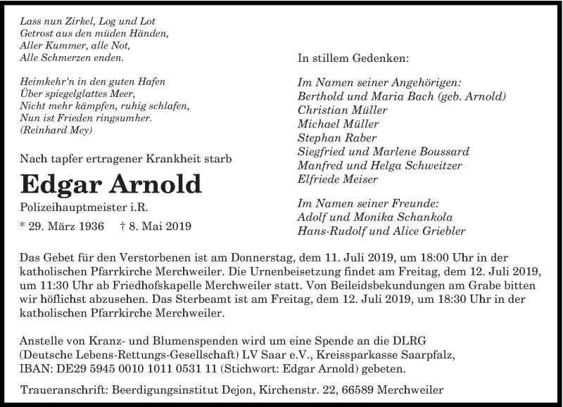  Traueranzeige für Edgar Arnold vom 06.07.2019 aus saarbruecker_zeitung