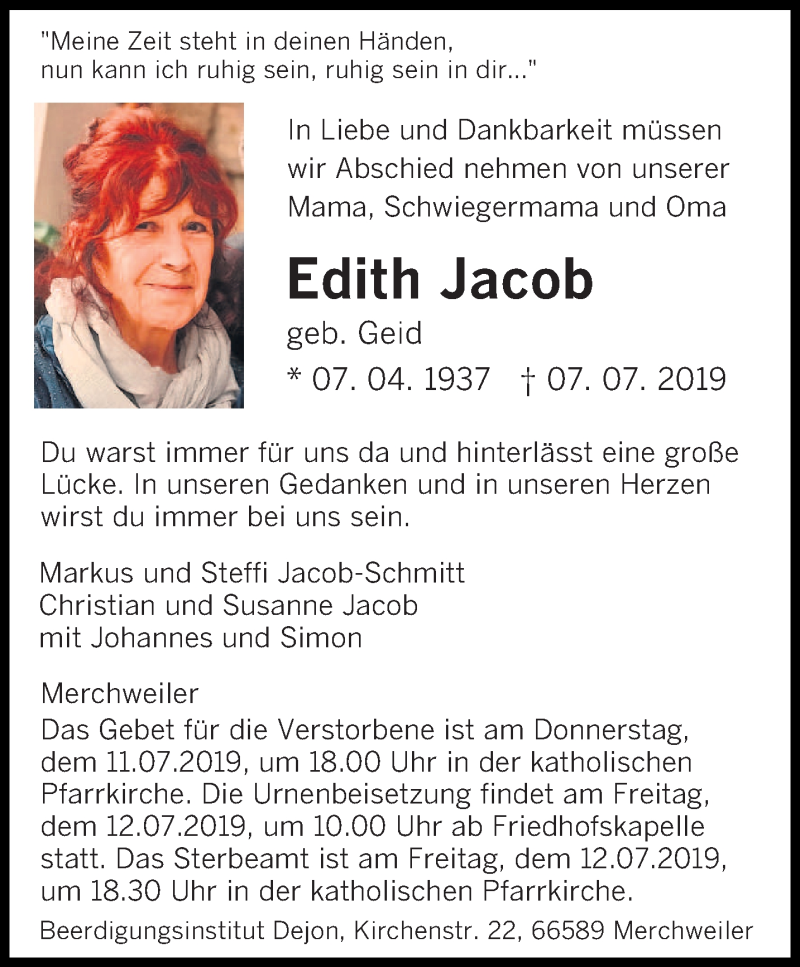  Traueranzeige für Edith Jacob vom 10.07.2019 aus saarbruecker_zeitung