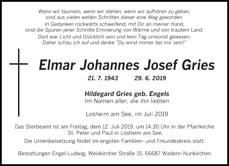  Traueranzeige für Elmar Johannes Josef Gries vom 06.07.2019 aus saarbruecker_zeitung