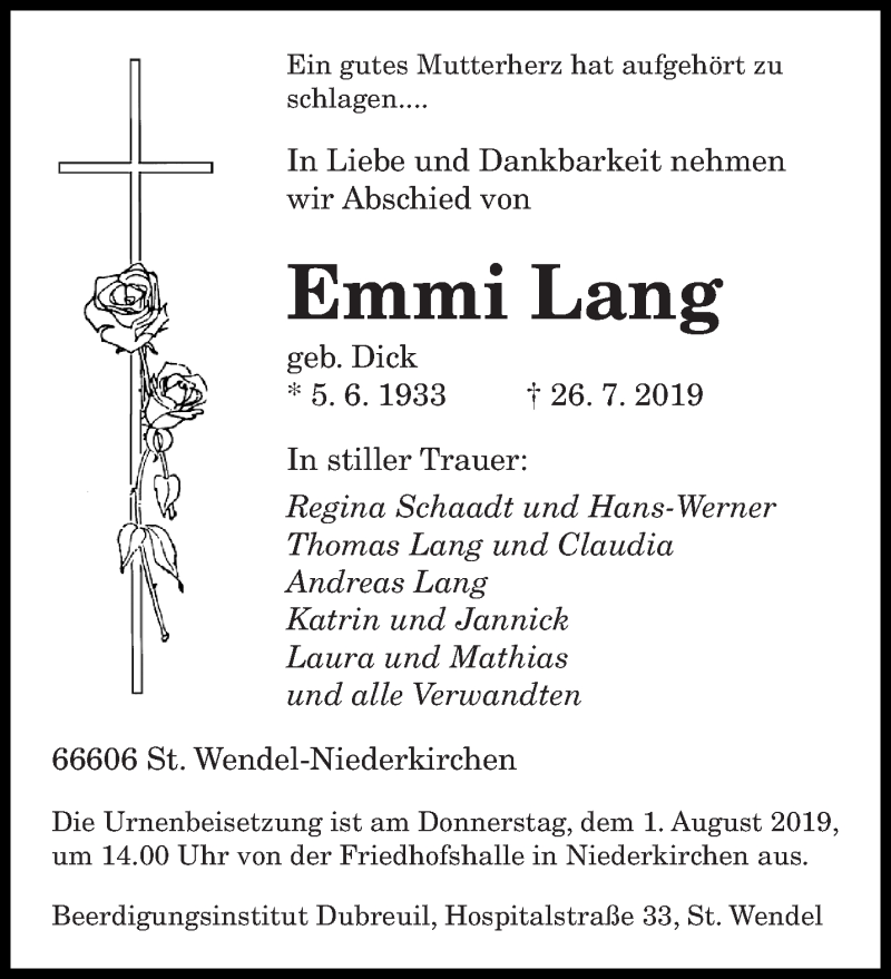  Traueranzeige für Emmi Lang vom 29.07.2019 aus saarbruecker_zeitung