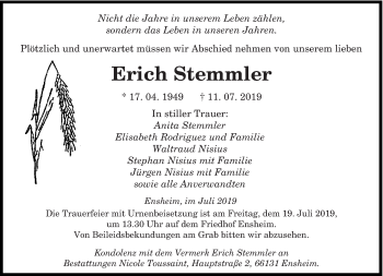 Traueranzeige von Erich Stemmler von saarbruecker_zeitung