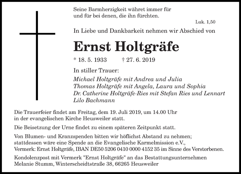  Traueranzeige für Ernst Holtgräfe vom 13.07.2019 aus saarbruecker_zeitung