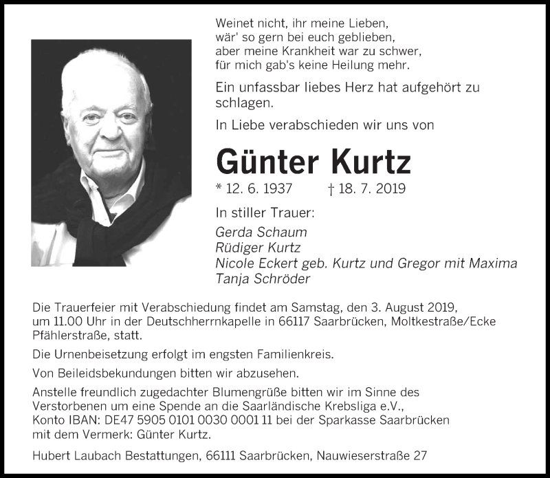 Traueranzeigen von Günter Kurtz | Saarbruecker-Zeitung.Trauer.de