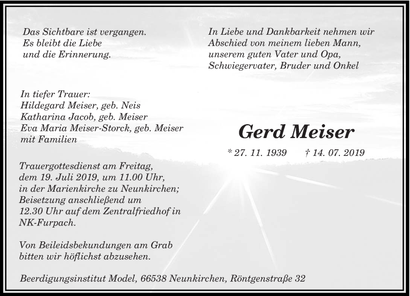  Traueranzeige für Gerd Meiser vom 17.07.2019 aus saarbruecker_zeitung