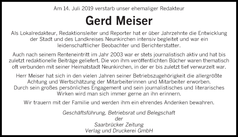  Traueranzeige für Gerd Meiser vom 17.07.2019 aus saarbruecker_zeitung