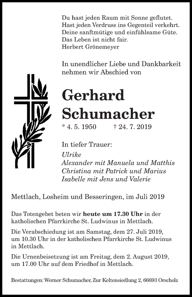  Traueranzeige für Gerhard Schumacher vom 26.07.2019 aus saarbruecker_zeitung