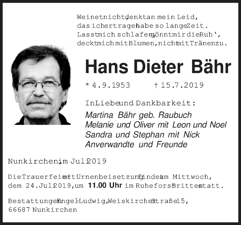  Traueranzeige für Hans Dieter Bähr vom 20.07.2019 aus saarbruecker_zeitung